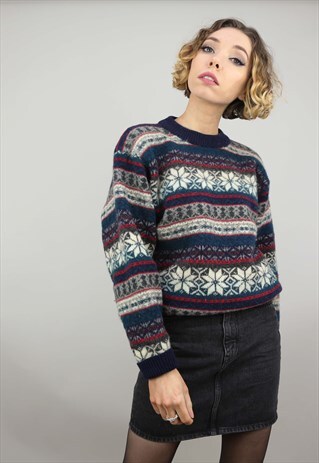 VINTAGE 80S 90S OVERSIZED PATTERNED KNIT JUMPER WOOL