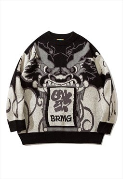 Dragon print jumper monster sweater Japanese pullover black