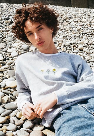 UNISEX SWEATSHIRT IN GREY WITH SUNFLOWER EMBROIDERY
