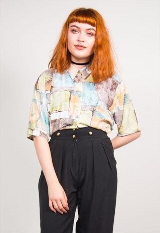 VINTAGE 90'S COLOURFUL CHECKED SHORT SLEEVE SHIRT BLOUSE