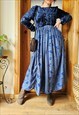 90S BLUE FLORAL LACE UP WHIMSY LONG FLARE MAXI DRESS