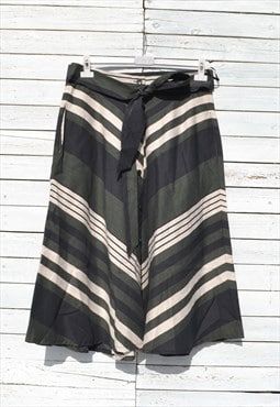 Vintage khaki green/black/cream striped belted skirt