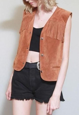 VINTAGE 1970'S BROWN SOFT SUEDE FRINGED WAISTCOAT