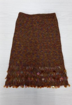 Vintage Midi Skirt Brown Wool Knitted Sequin