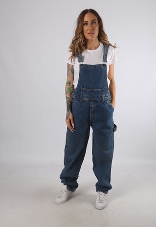 VINTAGE DENIM DUNGAREES WIDE STRAIGHT LEG UK S 10 (K93I)