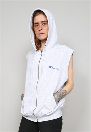 VINTAGE 90'S CHAMPION MARL GREY ZIP UP SLEEVELESS HOODIE