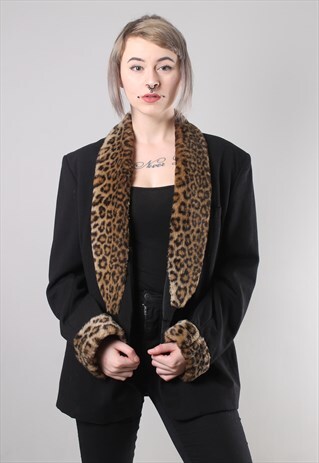 VINTAGE 80S FAUX FUR LEOPARD TRIM BLAZER JACKET