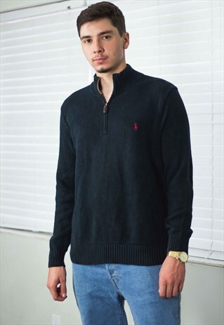 VINTAGE POLO RALPH LAUREN 1/4 ZIP JUMPER SWEATER LOGO M 19.6