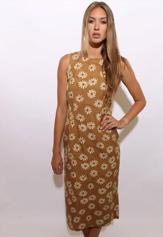 VINTAGE 1990'S 90'S BROWN SILK SUN DRESS DAISY PRINT S-M