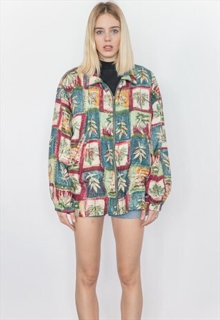 VINTAGE 80S RED AND GREEN LEAVES BOMBER JACKET