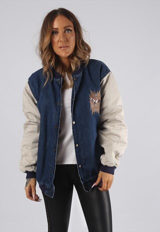 VINTAGE DENIM BOMBER JACKET OVERSIZED HORSE UK 16 (CR3B)
