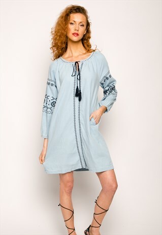 FLORAL EMBROIDERED DENIM LONG SLEEVES DRESS BLUE CY