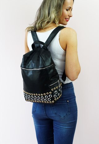 BLACK FAUX LEATHER GOLD SILVER STUD RUCKSACK BACKPACK