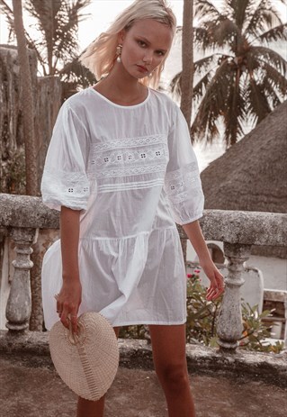 DROP WAIST WHITE BOHEMIAN SUMMER DRESS WITH SLEEVES