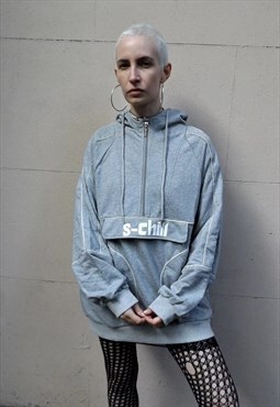Long zip hoodie cargo pocket pullover in grey