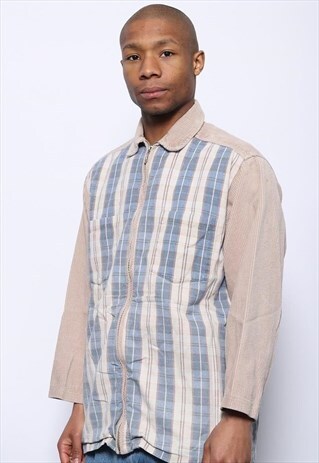 VINTAGE CORDUROY CHECKED ZIP UP OVERSHIRT BEIGE