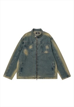 Utility jean jacket distressed denim bomber in acid blue