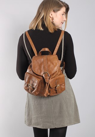 VINTAGE 90S TAN BROWN FAUX LEATHER BACKPACK RUCKSACK