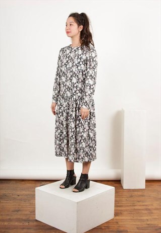 GREY FLORAL MIDI SKIRT / LONG SLEEVE GARDEN PARTY DRESS