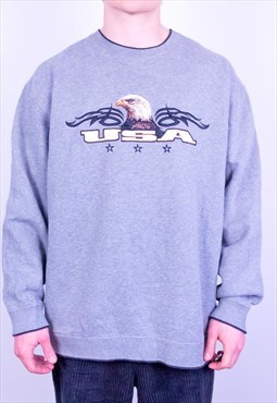 Vintage Sweatshirt USA Embroidered Eagle Grey Large
