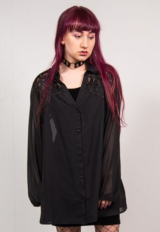 VINTAGE 90'S BLACK SHEER OVERSIZED LACE DETAIL SHIRT BLOUSE