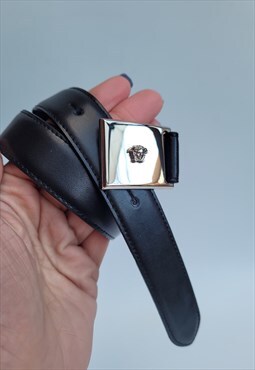 Vintage Black Leather and Silver Tone Medusa Motive Belt