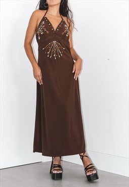 Vintage Y2k Halter Neck Maxi Dress With Embroidered Glass Be