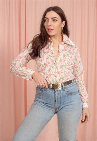 VINTAGE 70S LONG SLEEVE WHITE BLOUSE IN FLORAL PRINT