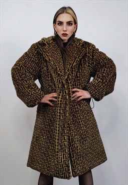 Arabic fleece coat brown long geometric pattern glam trench