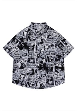 Anime print shirt short sleeve wanted slogan blouse black
