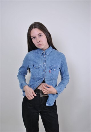 VINTAGE JEANS SHIRT, WOMEN DENIM SHIRT, 90S WORKER TOP