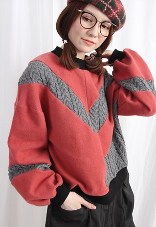 (KOREAN) CABLE KNIT PATCHWORK FELT SWEATSHIRT WATERMELON