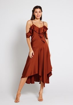 Vienna Frill Cold Shoulder Satin Midi Dress - Rust