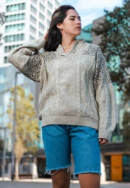 Vintage 90s Turned-Over Collar Knitwear Sweater in Beige