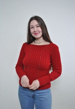 90s cozy wool sweater, red knit jumper SMALL size vintage 