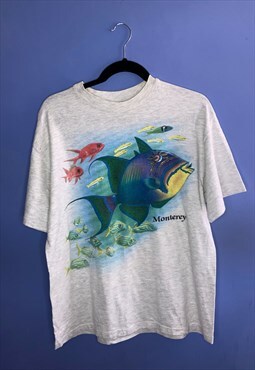 Vintage grey large Monterey fish 1991 t-shirt 