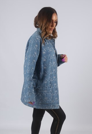 VINTAGE DENIM JACKET OVERSIZED EMBROIDERED FLORAL UK 14 GKBR