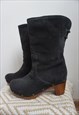 VINTAGE BLACK SUEDE GENUINE LEATHER WINTER BOOTS WARM INSIDE