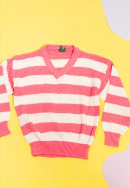 Vintage Jumper 90s Knitted Striped Pink Candy Sweater