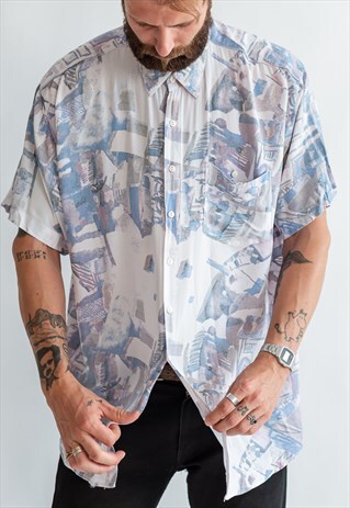 VINTAGE 70S BOHO FUNKY SHIRT IN PASTEL BLUE