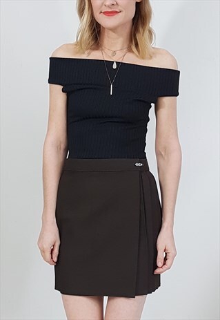 VINTAGE 70'S BROWN PLEATED PE STYLE WRAP MINI SKIRT
