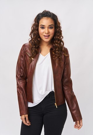 'ANILA' GENUINE LEATHER JACKET - COGNAC