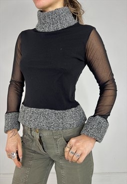 Vintage 90s Top Mesh Knit Cuffs Turtle Neck Long Sleeves Y2k