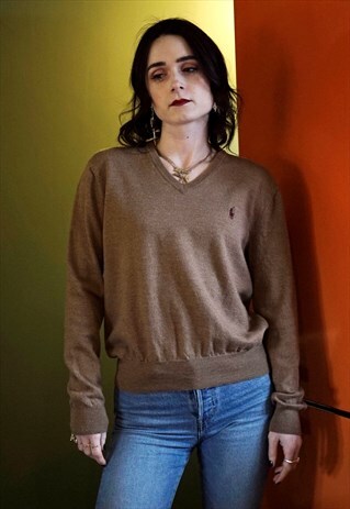 CUTE RALPH LAUREN BROWN V-NECK JUMPER