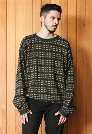 VINTAGE 1980S GREEN AND GREY GEOMETRIC PATTERNED JUMPER