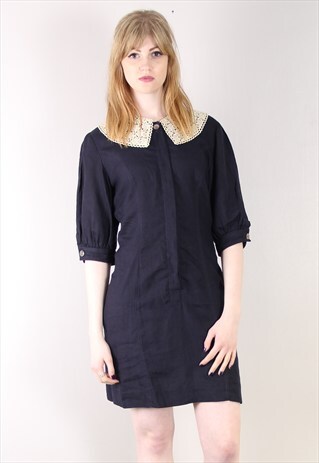 VINTAGE 80S JAEGER BLUE FITTED PETER PAN LACE COLLAR DRESS