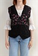 VINTAGE 70S BOHO BLACK VELVET&FLORAL PATCH V-NECK VEST L