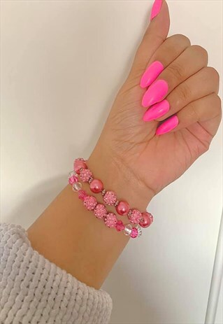 DUSKY PINK RHINESTONE CRYSTAL PAVE BEAD STACK BRACELET SET