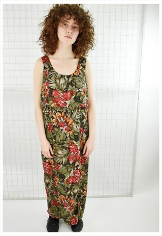 VINTAGE 90S HAWAIIAN FLORAL MIDI DRESS WITH BEAD DETAIL