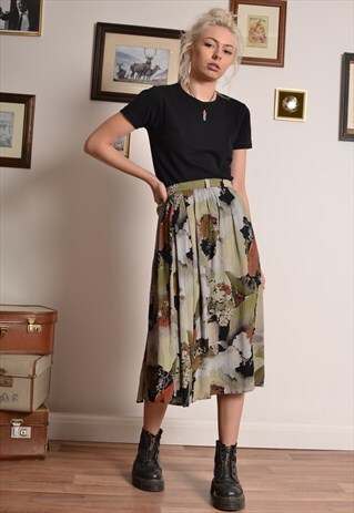 VINTAGE 80S FLORAL MIDI SKIRT IN GREEN